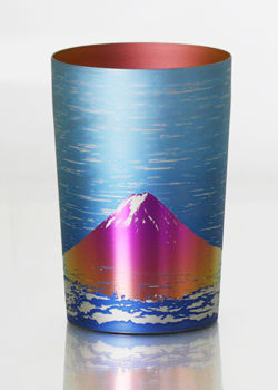 Titanium double walled tumber with image of red mt. fuji.
